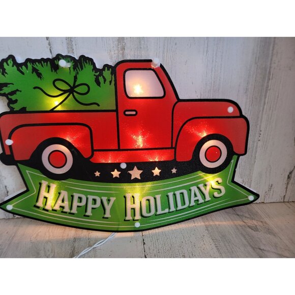 Light up red pickup trucks tree Xmas hanging wall sign decor vintage style - Picture 6 of 10